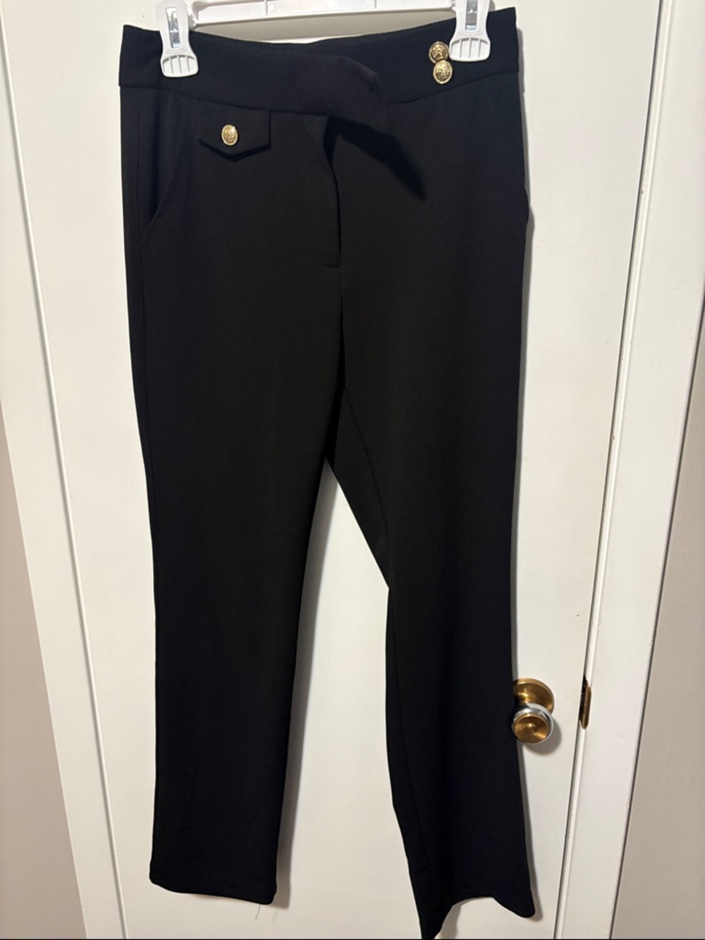 Black High-Rise Knit Pants with Gold Buttons
